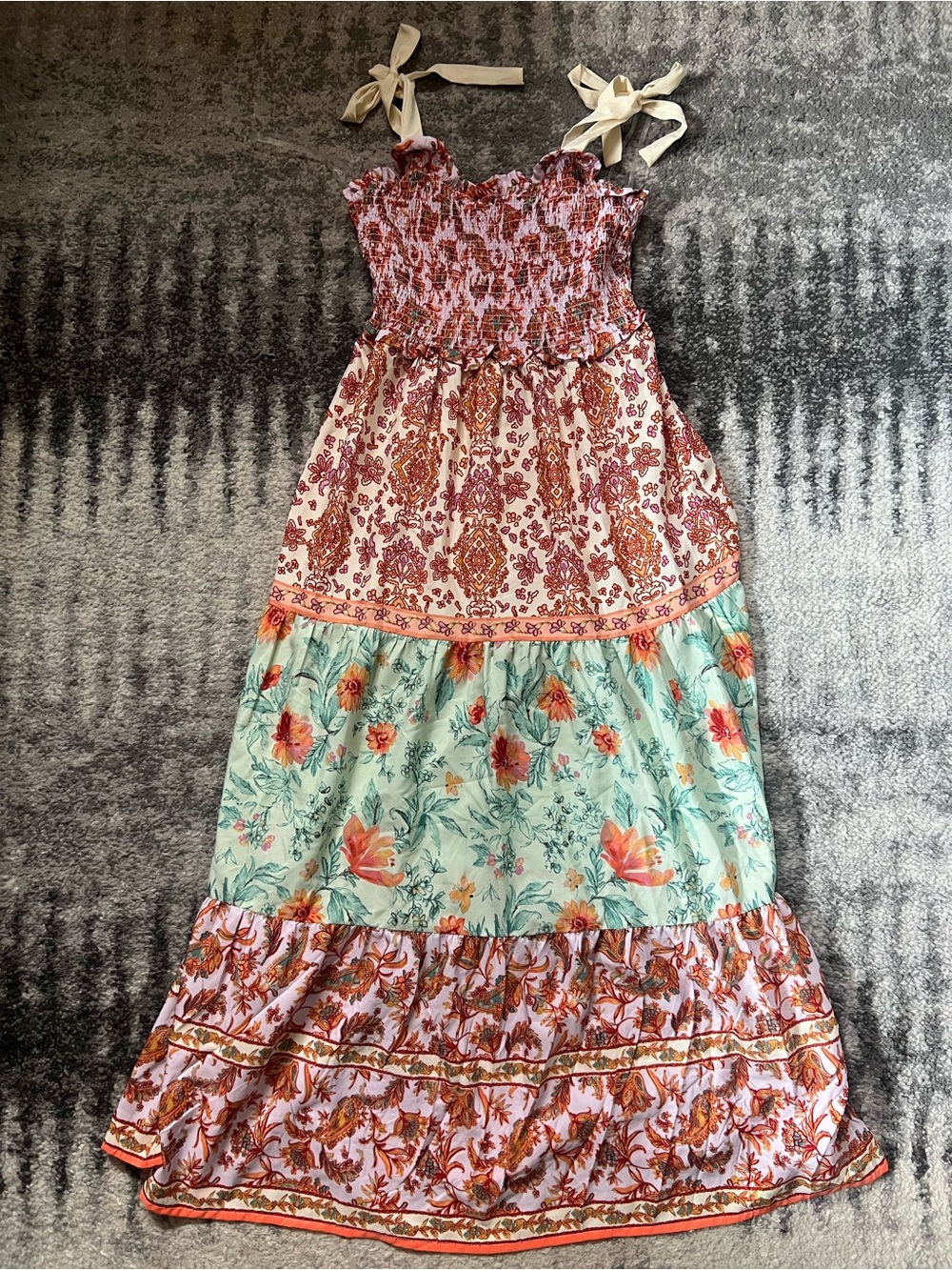 EARTHBOUND Floral Tiered Maxi Dress in Mint, Coral & Ivory with Cream Ties